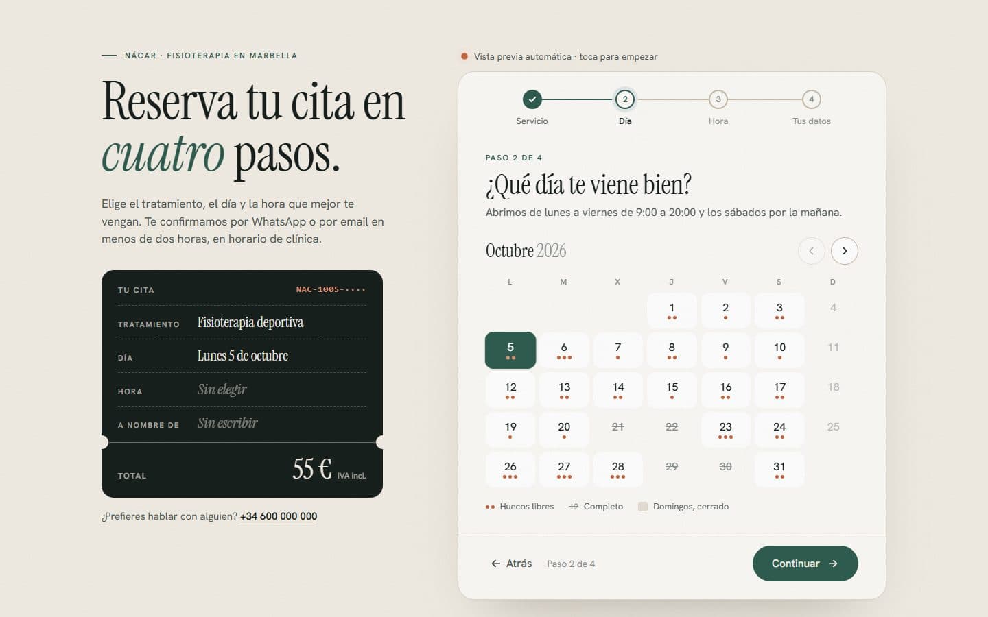 Lo que generó la IA con el prompt Lite de Reserva de cita en 4 pasos